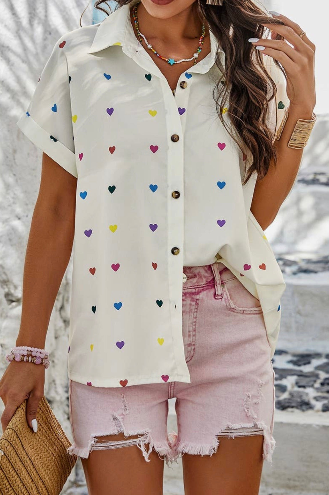 Heart Print Button Up Loose Fit Blouse
