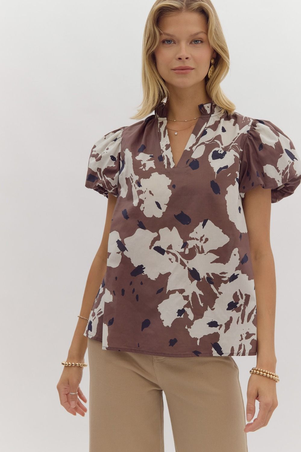 Printed short puff sleeve v-neck top w/ ruffled neckline