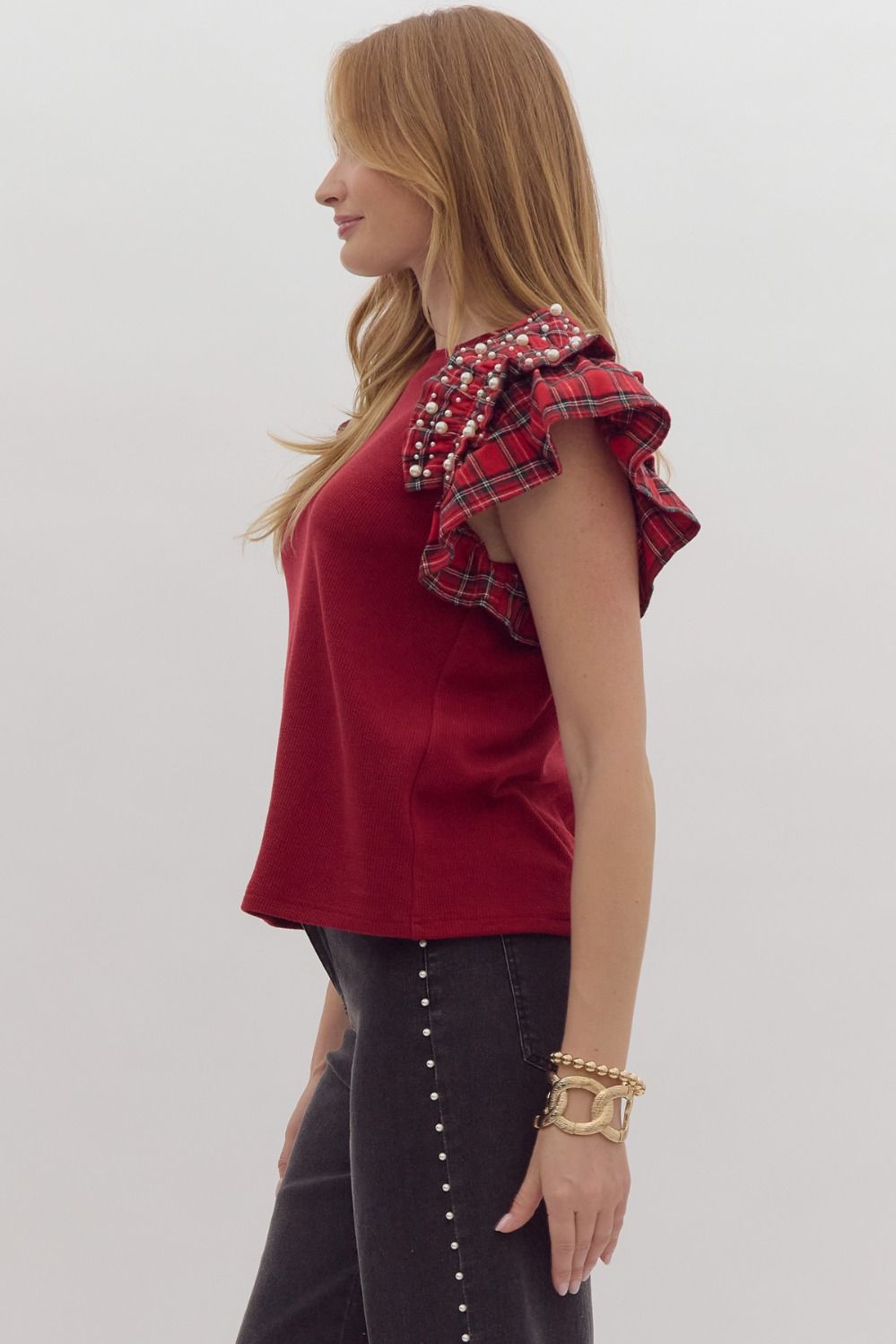 Solid Ribbed Short Sleeve Top w/ Plaid Ruffled Sleeves w/ Pearl Embellishment