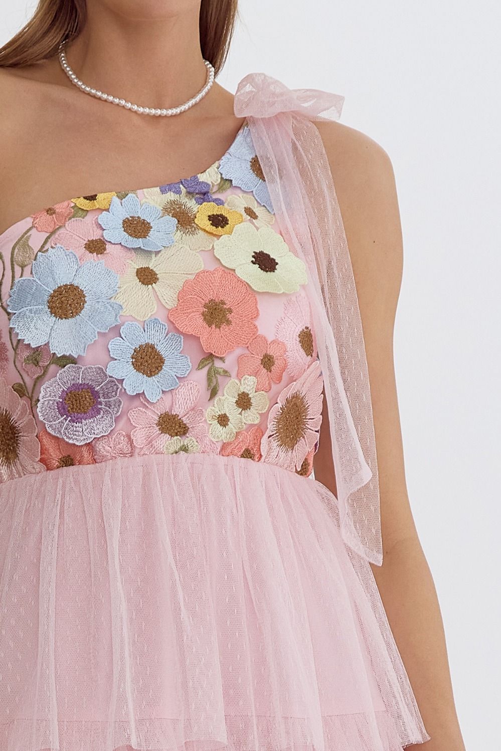 3D Floral Appliqué One Shoulder Midi Dress w/ Self Tie