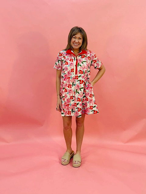 Short Sleeve Red and Pink Floral Mini Dress w/ Front Buttons