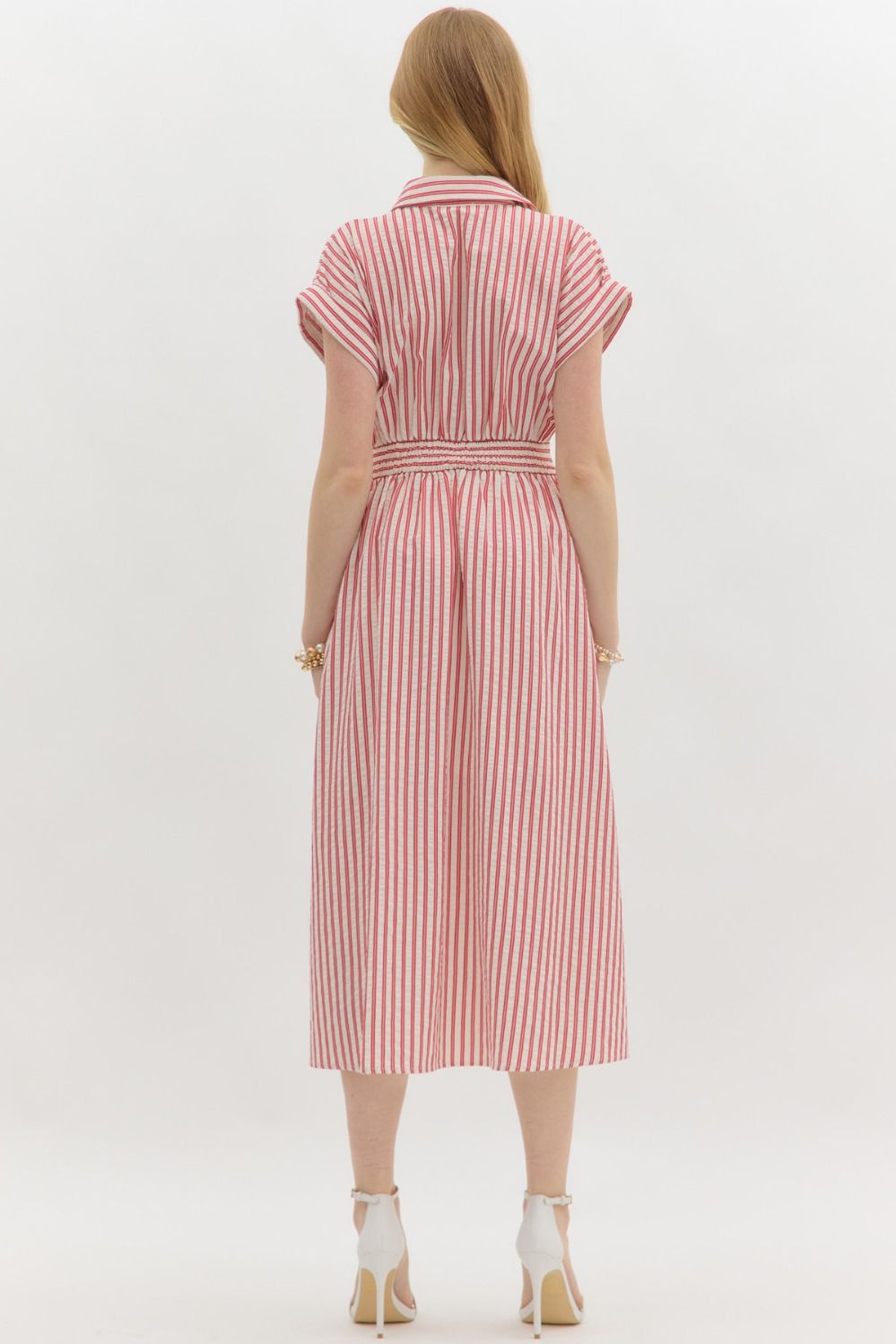 Stripe pattern surplice spread collar short sleeve pullover midi dress w/ faux button closure skirt, pockets, & smocked waist at back