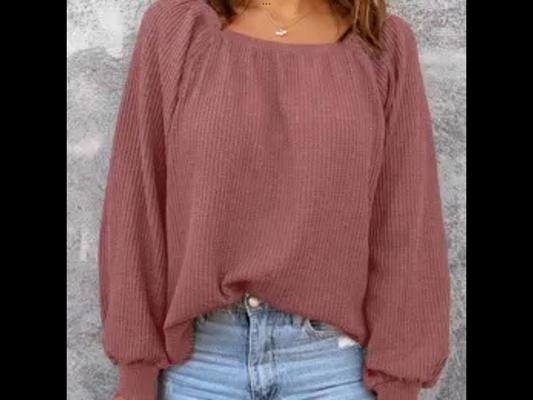Square neck puff sleeve waffle knit top