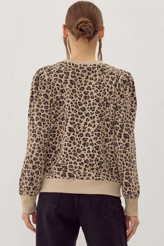 Leopard Print Oatmeal Long Sleeve Sweatshirt