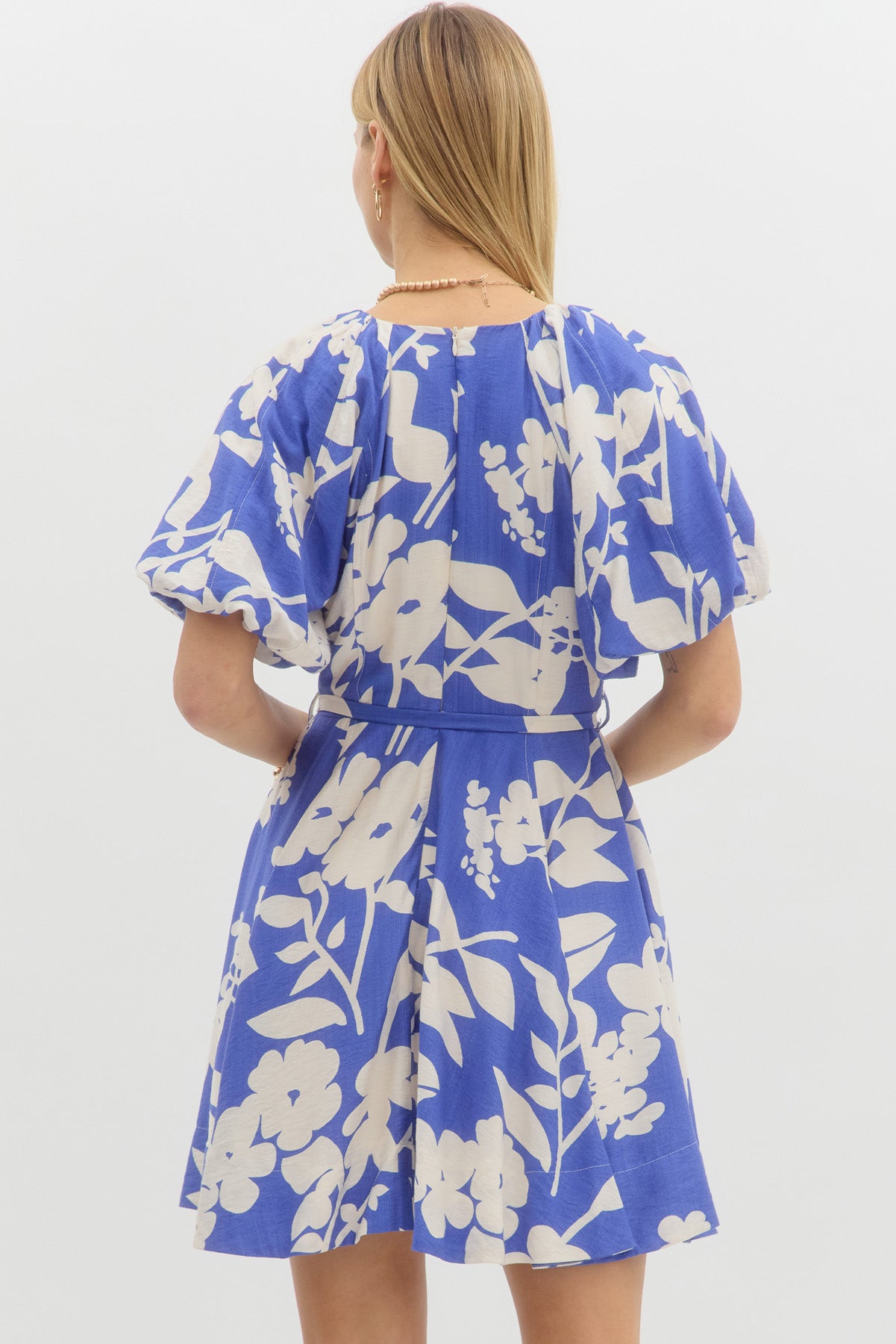 Blue and White Floral Mini Dress w/ Puff Sleeve and Self Tie