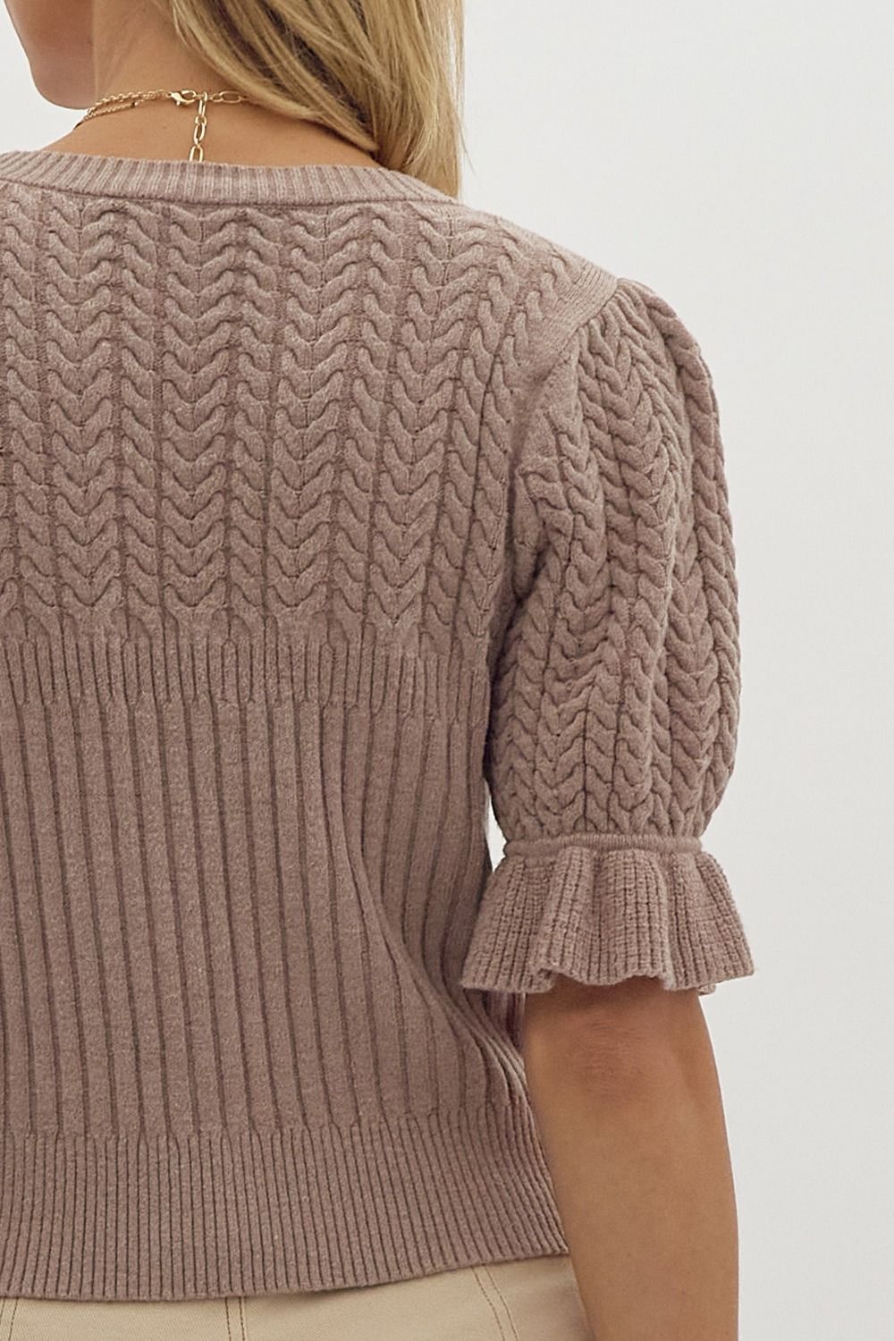 Solid Textured Knit Cropped Sweater w/ Ruffle Cuff
