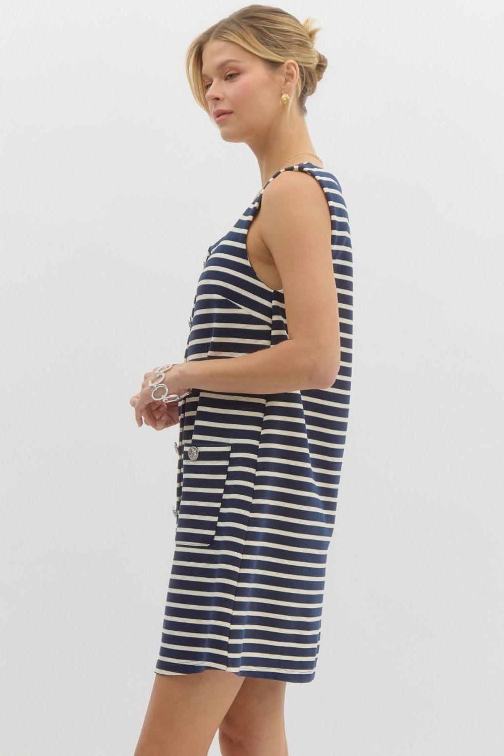 striped Square Neck Sleeveless Mini Dress Front Patch Pockets