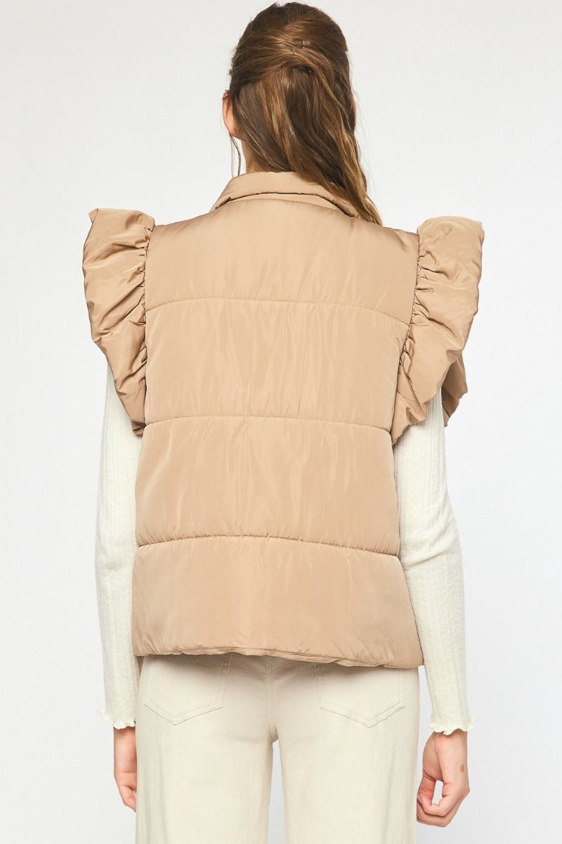 Solid Quilted Collared Button Up Vest w/ Quilted Ruffle at Shoulders w/ Pockets