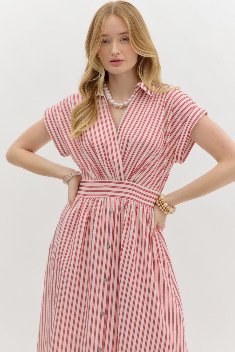 Stripe pattern surplice spread collar short sleeve pullover midi dress w/ faux button closure skirt, pockets, & smocked waist at back