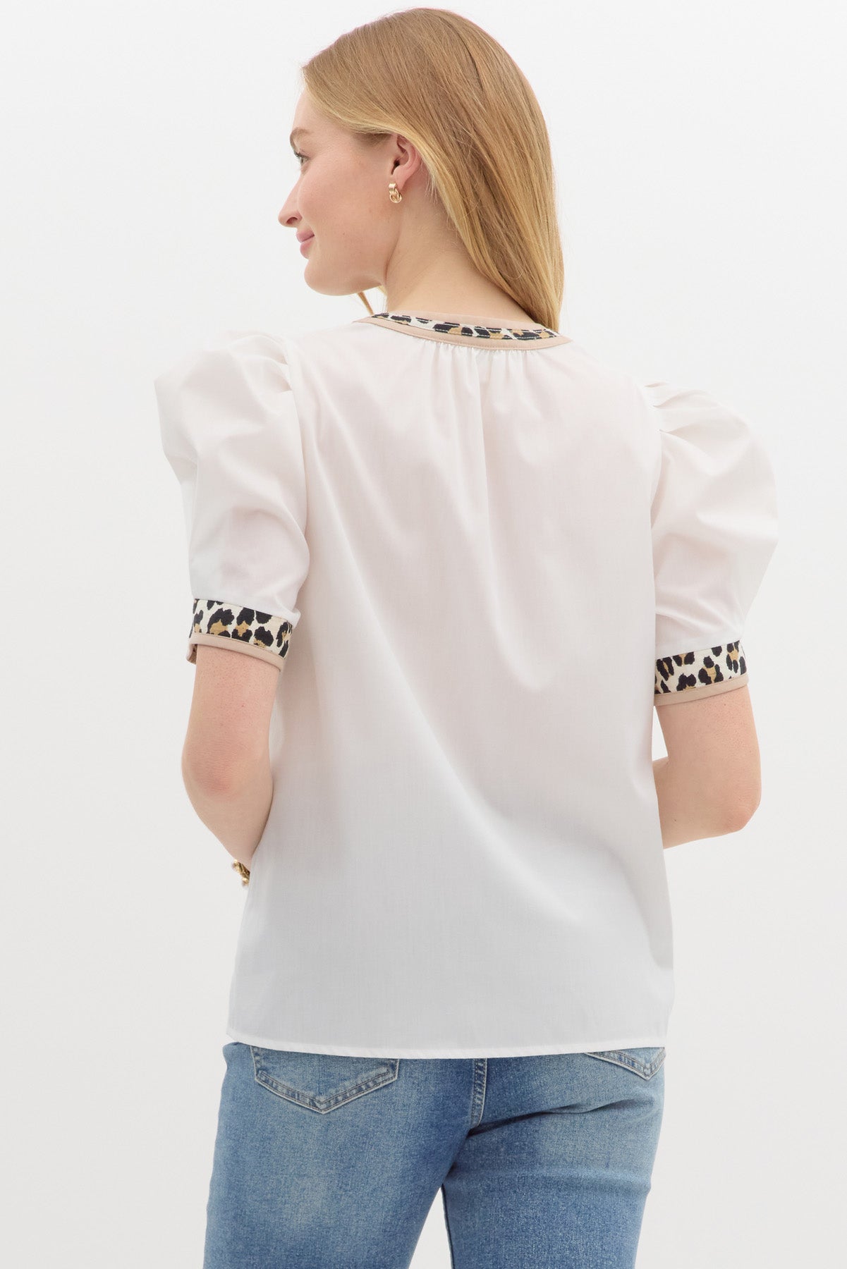 Off White Puff Sleeve V-Neck Blouse w/ Leopard Trim