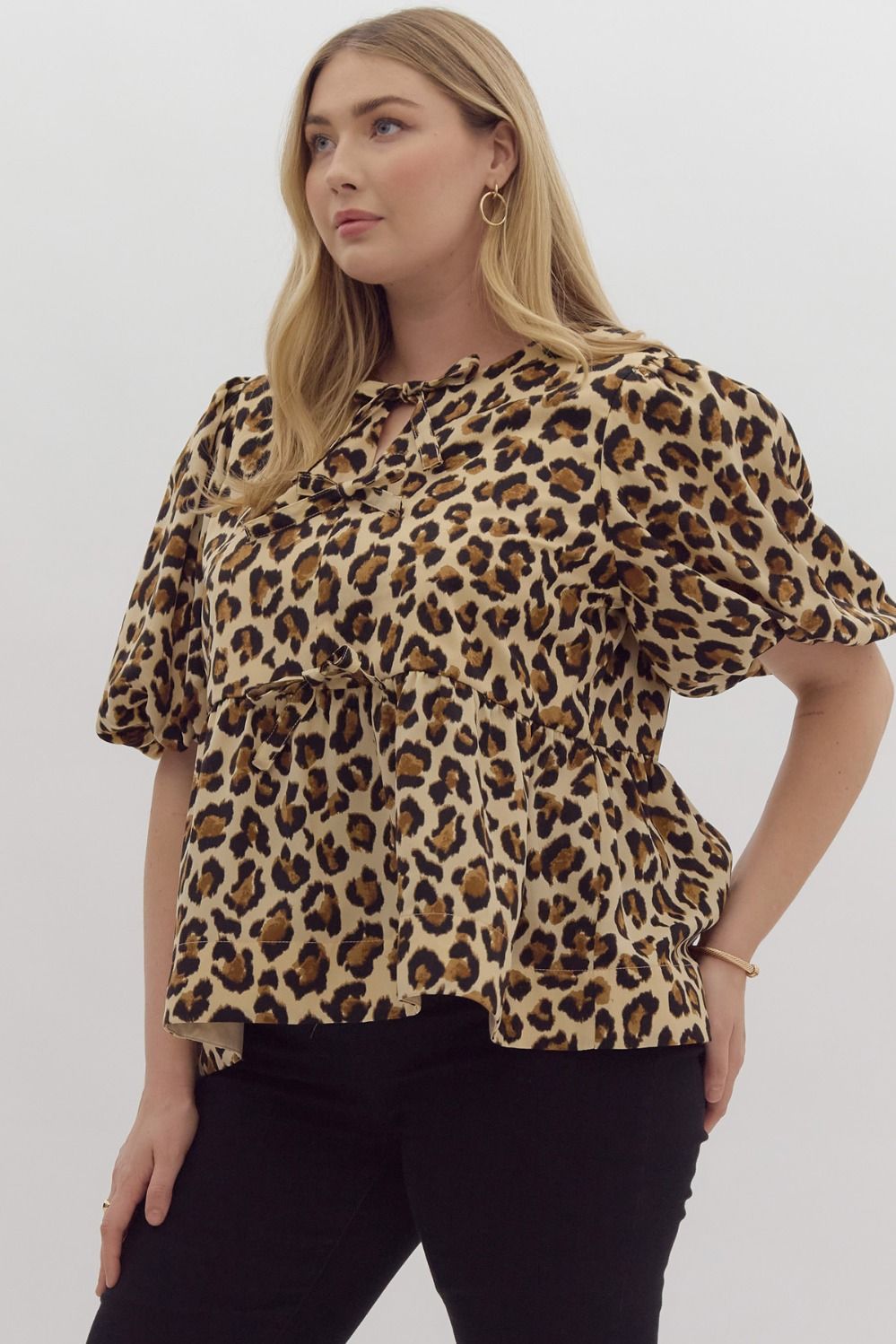 Leopard Print Bubble Sleeve Peplum Top w/ Bow Detail