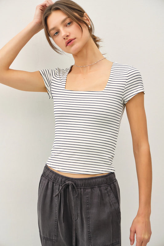 Ultra soft double linked striped square neck top dark navy