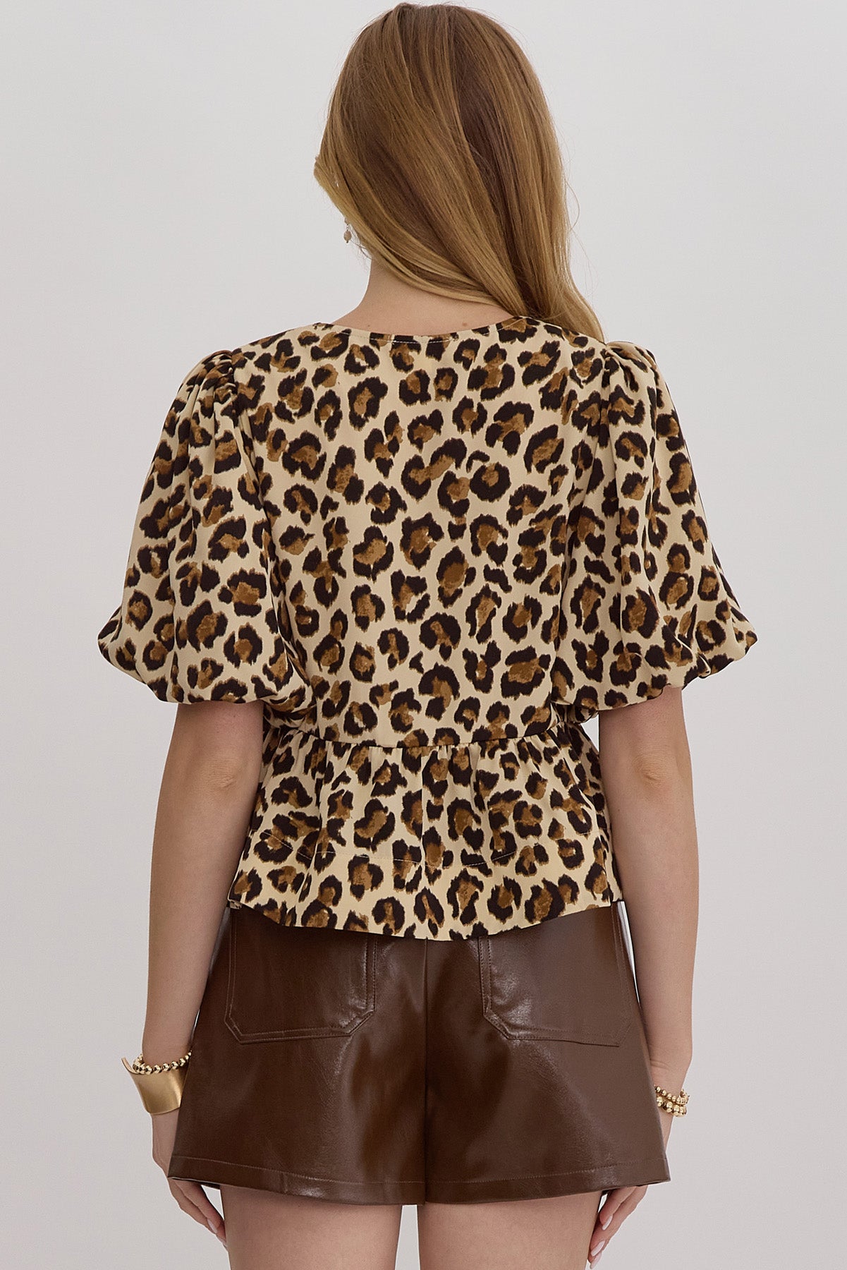 Leopard Print Bubble Sleeve Peplum Top w/ Bow Detail
