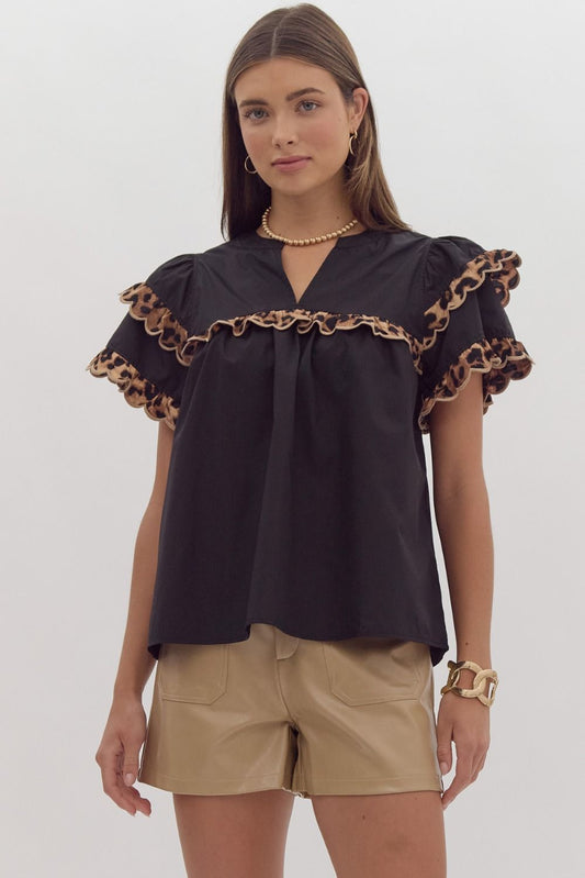 Solid tiered short sleeve v neck top w/ contrasting scalloped cheetah print trim detail