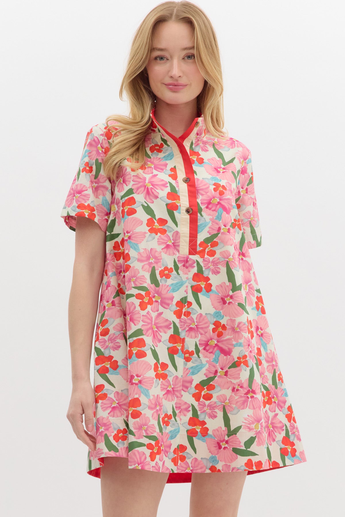 Short Sleeve Red and Pink Floral Mini Dress w/ Front Buttons