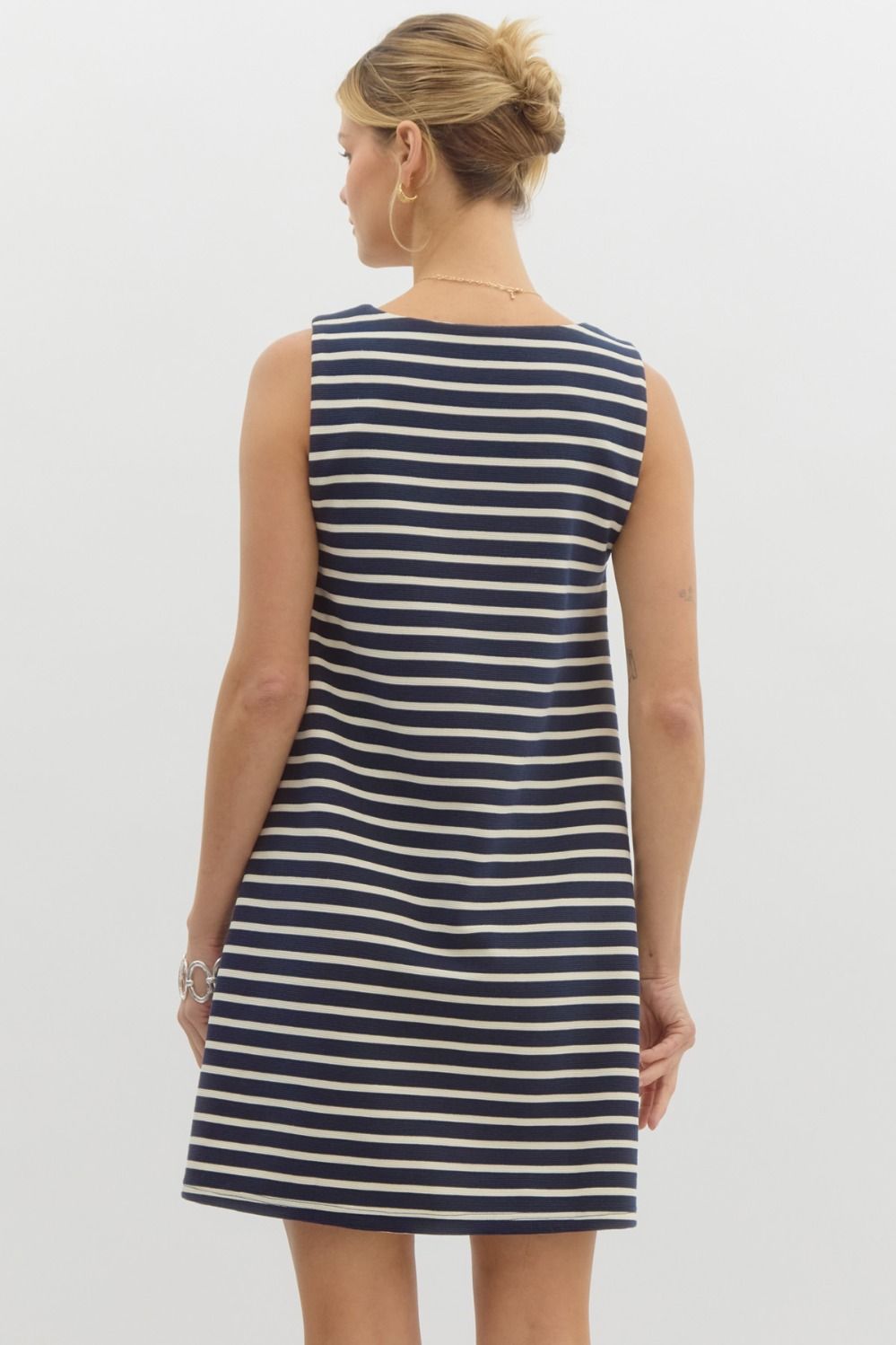 striped Square Neck Sleeveless Mini Dress Front Patch Pockets
