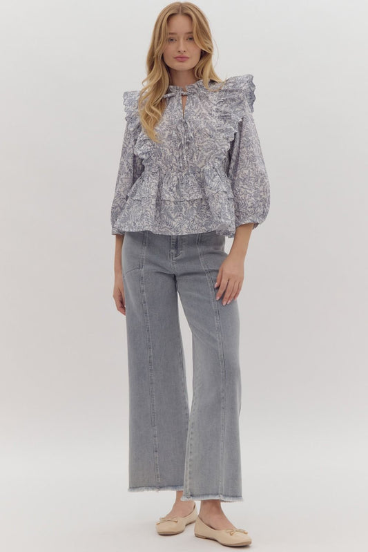 Botanical Print Relaxed Fit Peplum Top w/ Scallop Finished Ruffle Detail