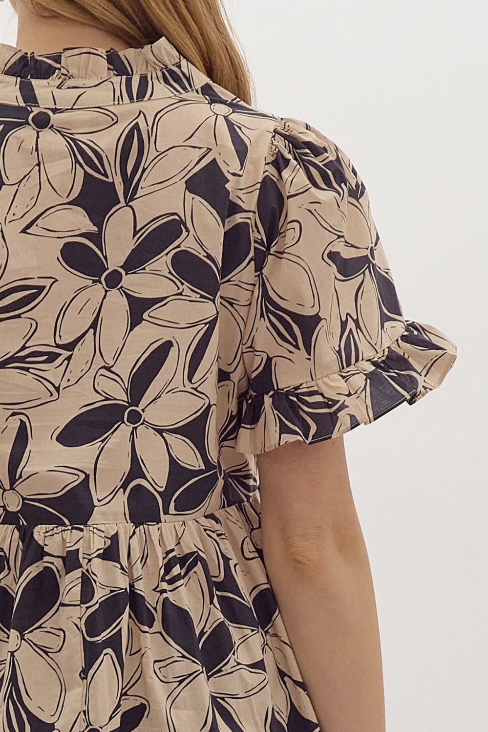 Floral Print V Neck Short Sleeve Mini Dress w/ Ruffle