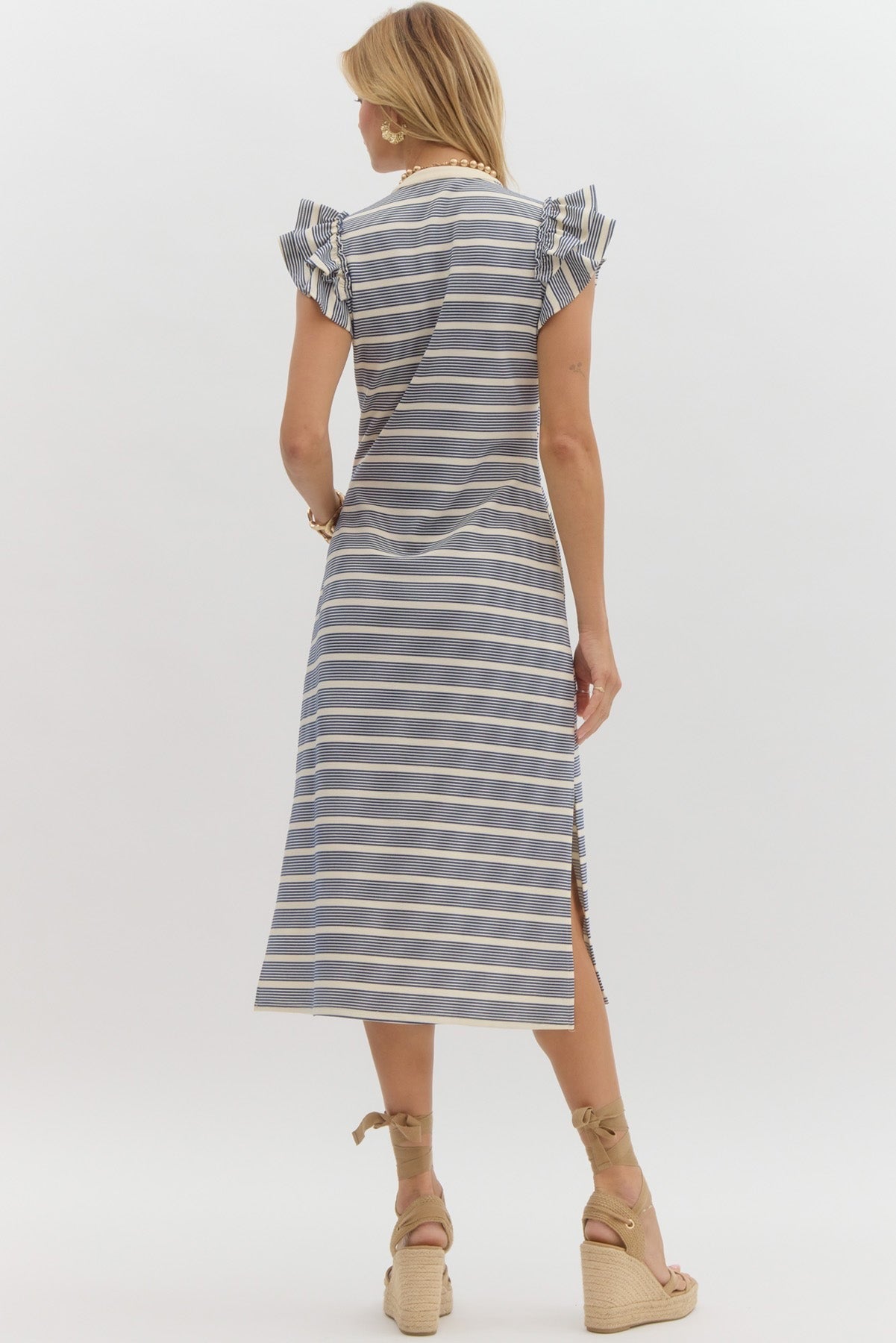 Navy striped midi dress w/ ruffle sleeves & buttons