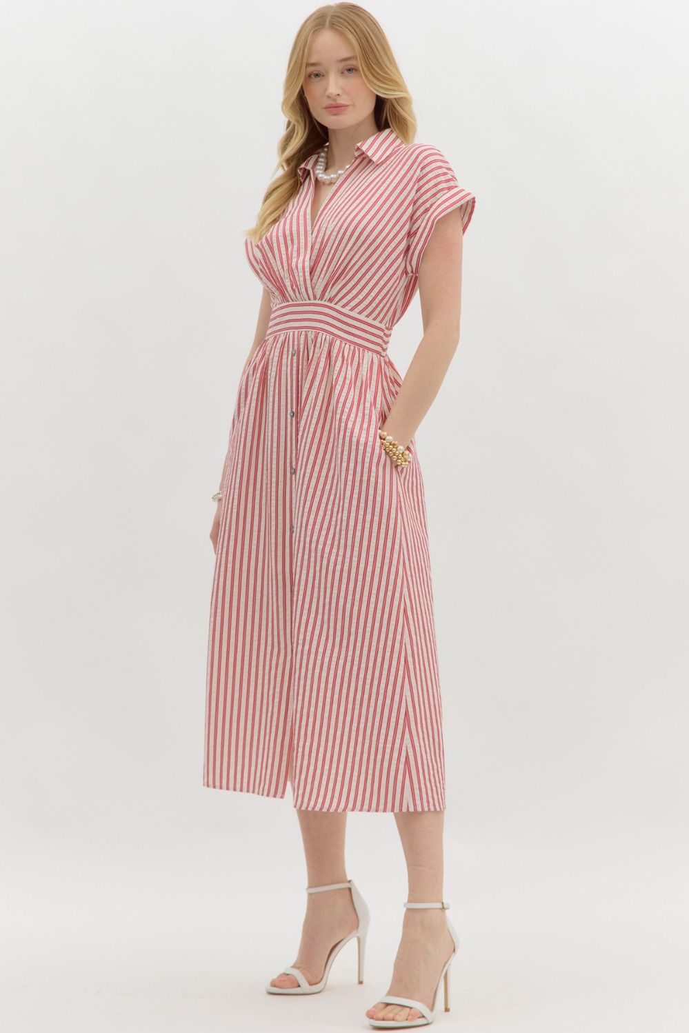 Stripe pattern surplice spread collar short sleeve pullover midi dress w/ faux button closure skirt, pockets, & smocked waist at back