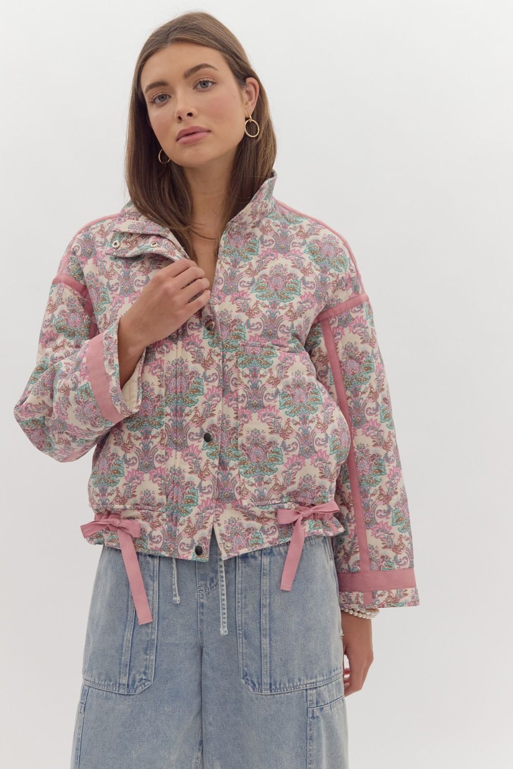 Printed Long Sleeve Snap Button Jacket w/ Side Pockets & Self Tie Detail at Waist