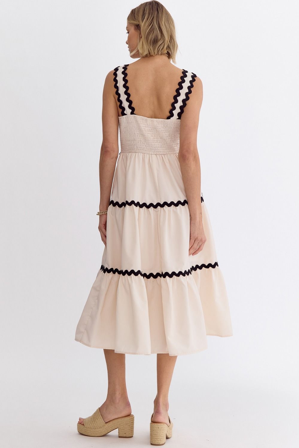 Solid Square Neck Sleeveless Midi Dress w/ Rick Rack Detail