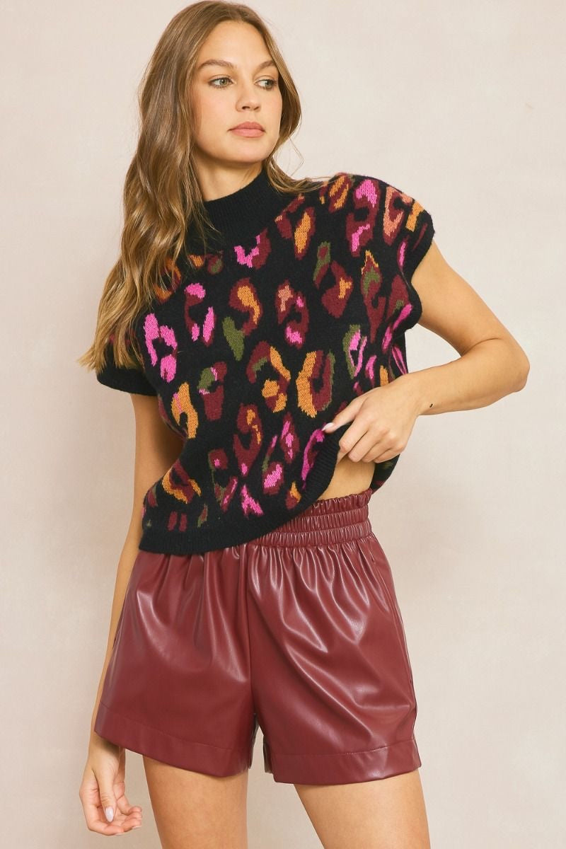 Black Sleeveless Colorful Leopard Sweater