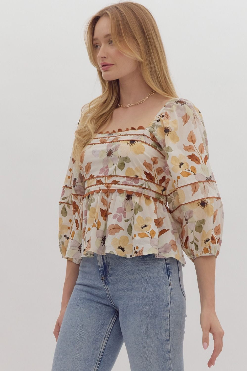 Floral Print Elasticized 3/4 Sleeve Balloon Sleeve Peplum Top