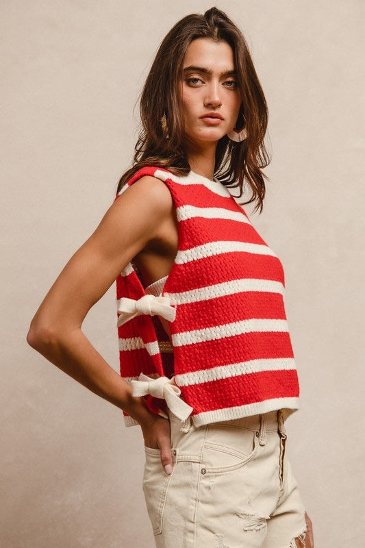Textured stripe side tied vest top
