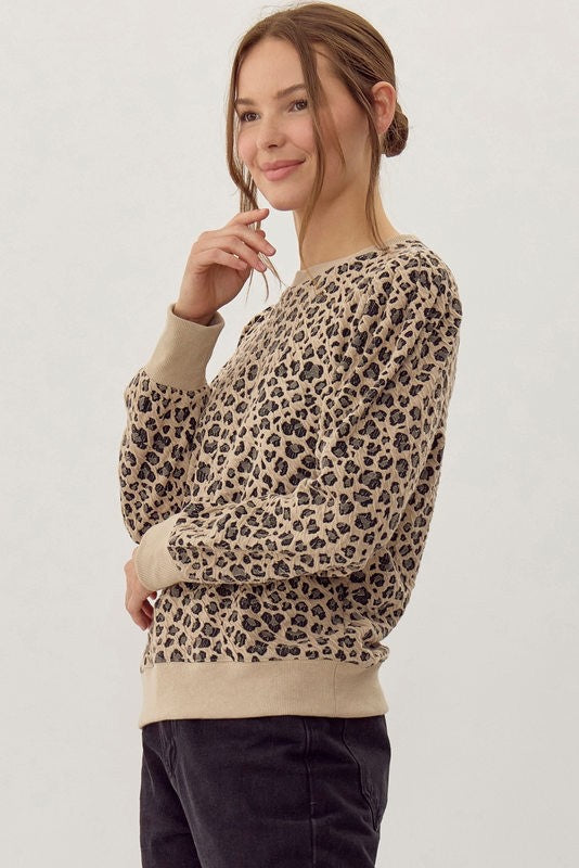 Leopard Print Oatmeal Long Sleeve Sweatshirt