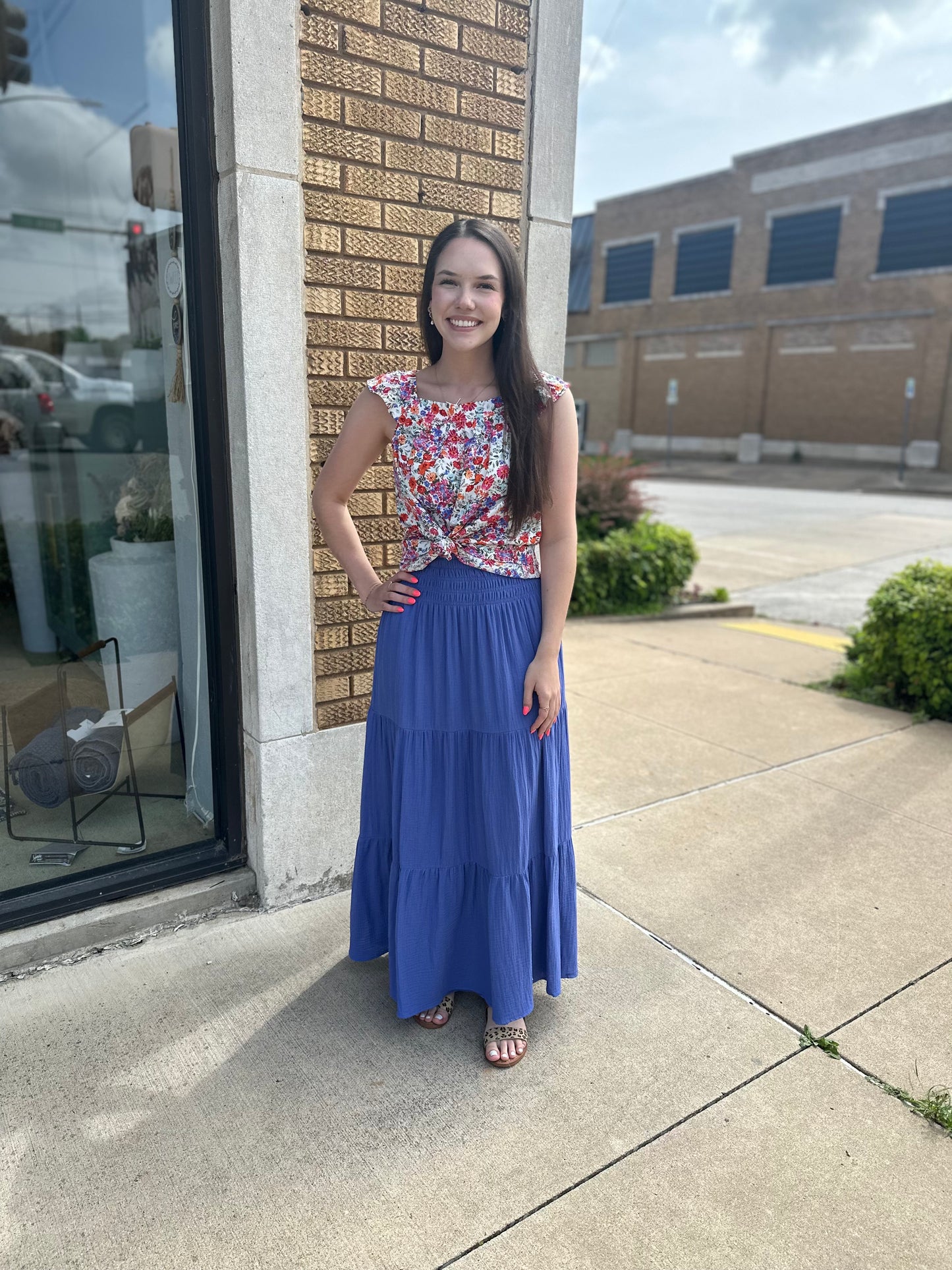 Rose red floral square neck flutter tank top