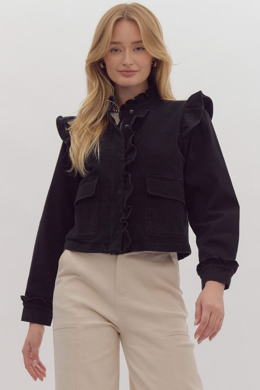 Solid cropped zip-up utility jacket w/ Ruffle detail. Pockets. Snap buttons