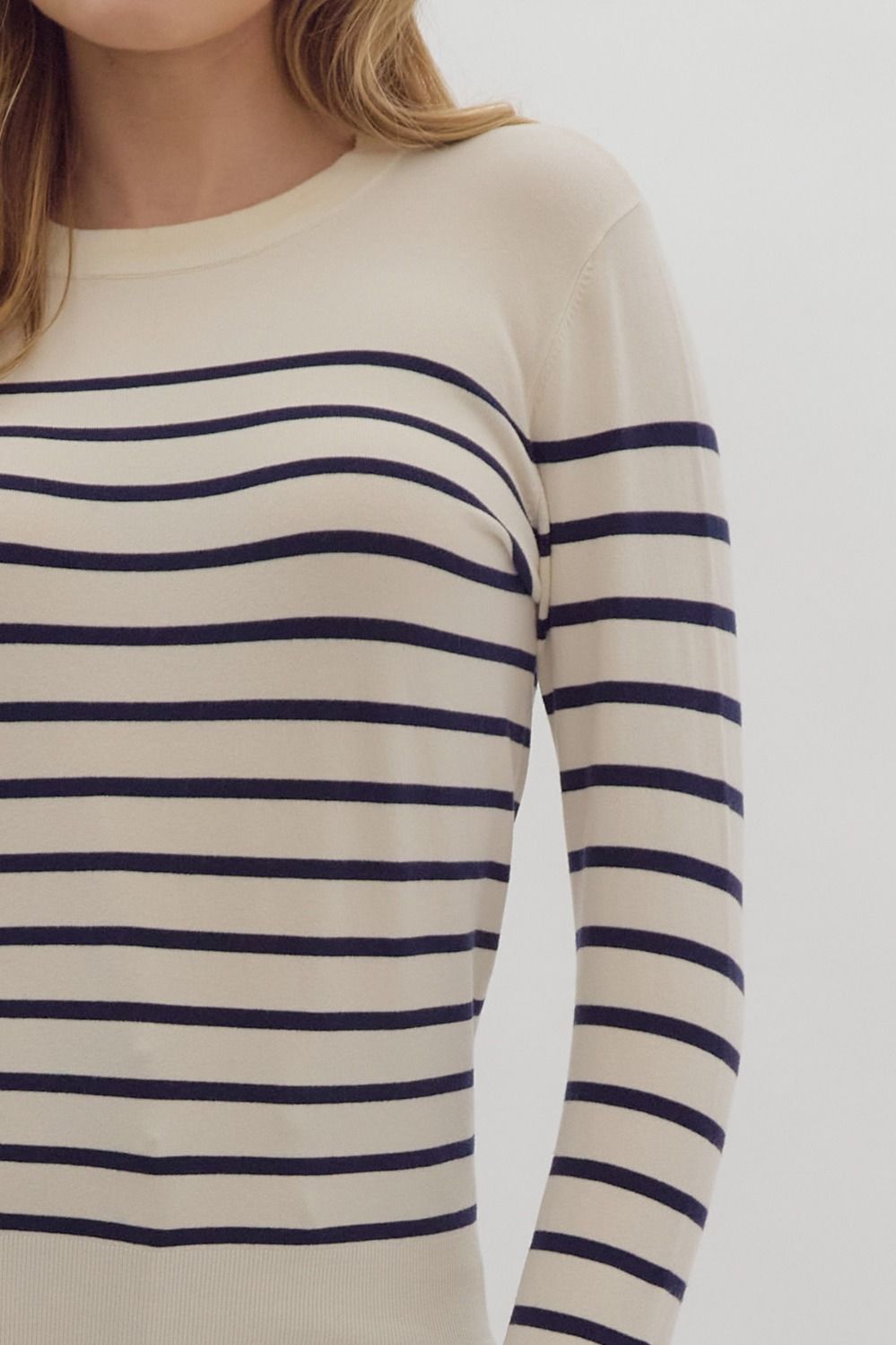 Ecru Stripe print long sleeve round neck top w/ button up detail at cuff