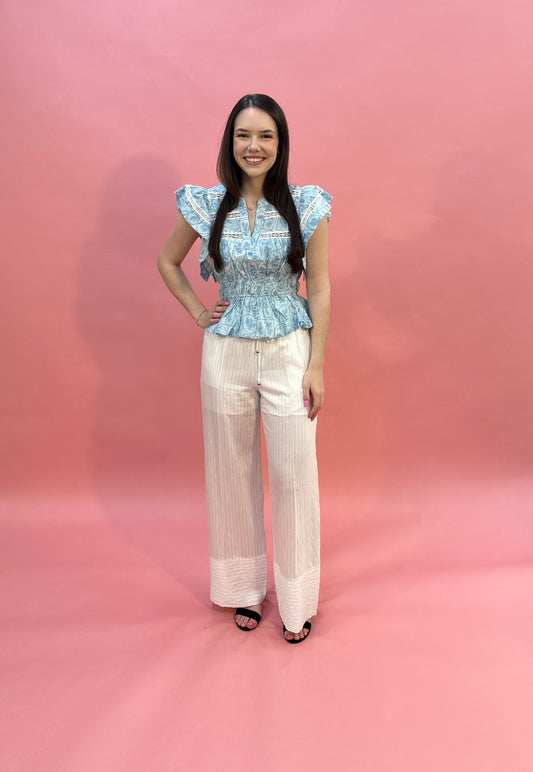Solid Flutter Sleeve Split V-Neck Top w/ Lace Trim and Elastic Waist