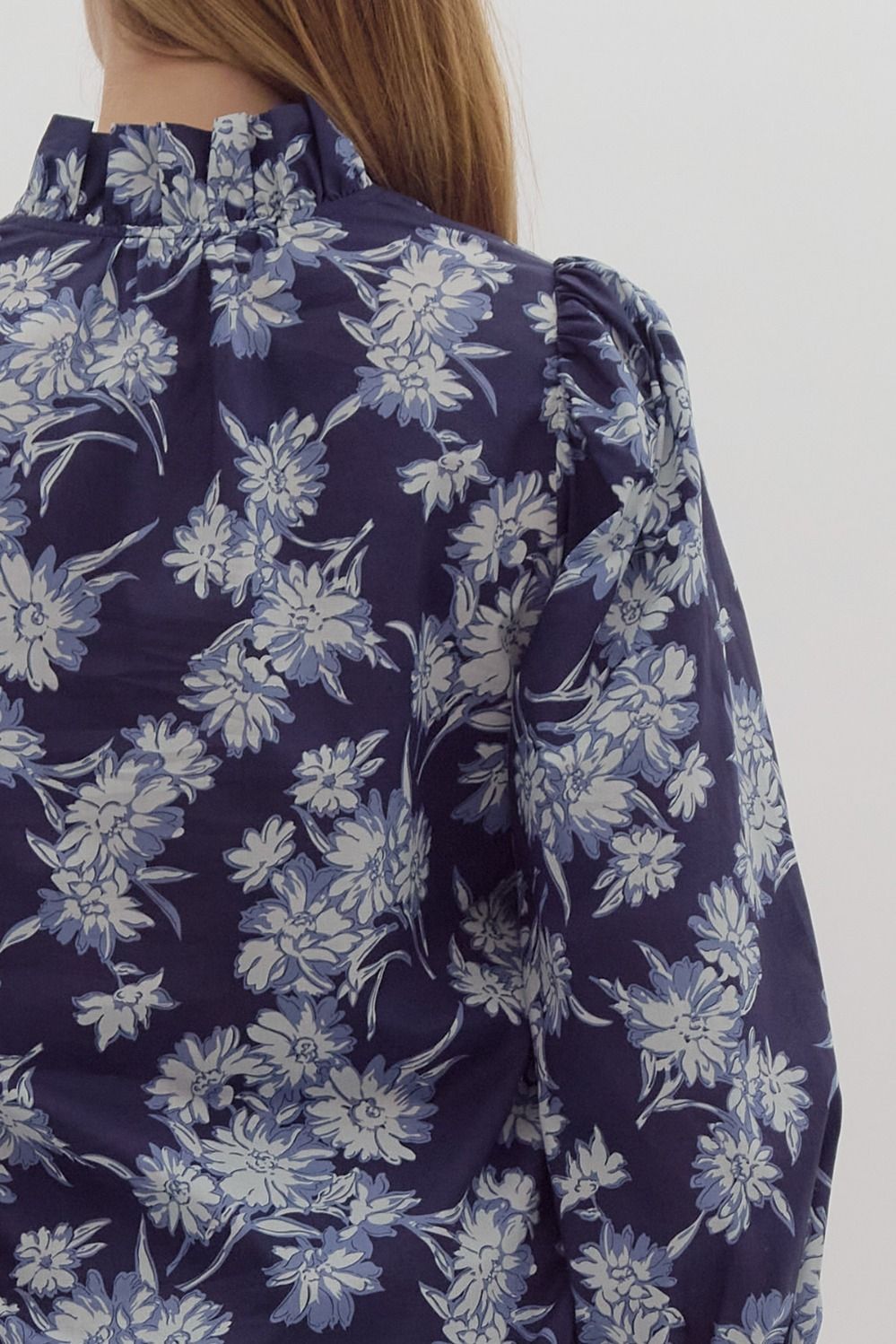 Floral Print Ruffle Neck Smocked Cuff Long Sleeve Button Poplin Blouse