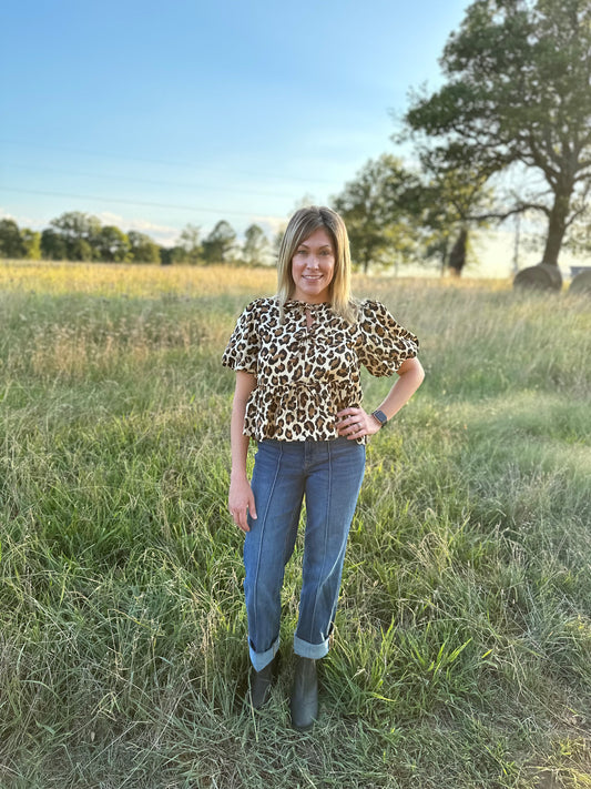 Leopard Print Bubble Sleeve Peplum Top w/ Bow Detail