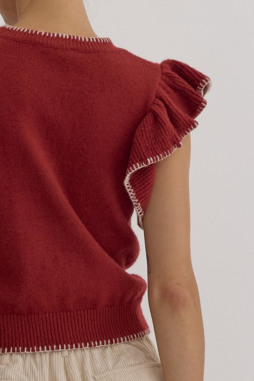 Solid Round Neck Ruffle Sleeve Top w/ Contrast Stitching