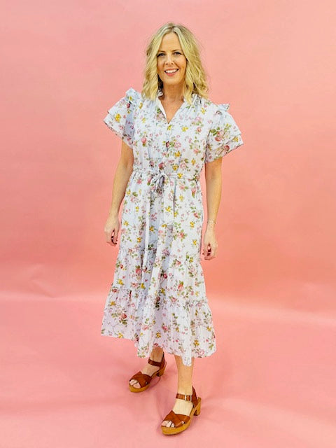 Light blue floral midi dress w/ ruffle sleeves & self-tie at front