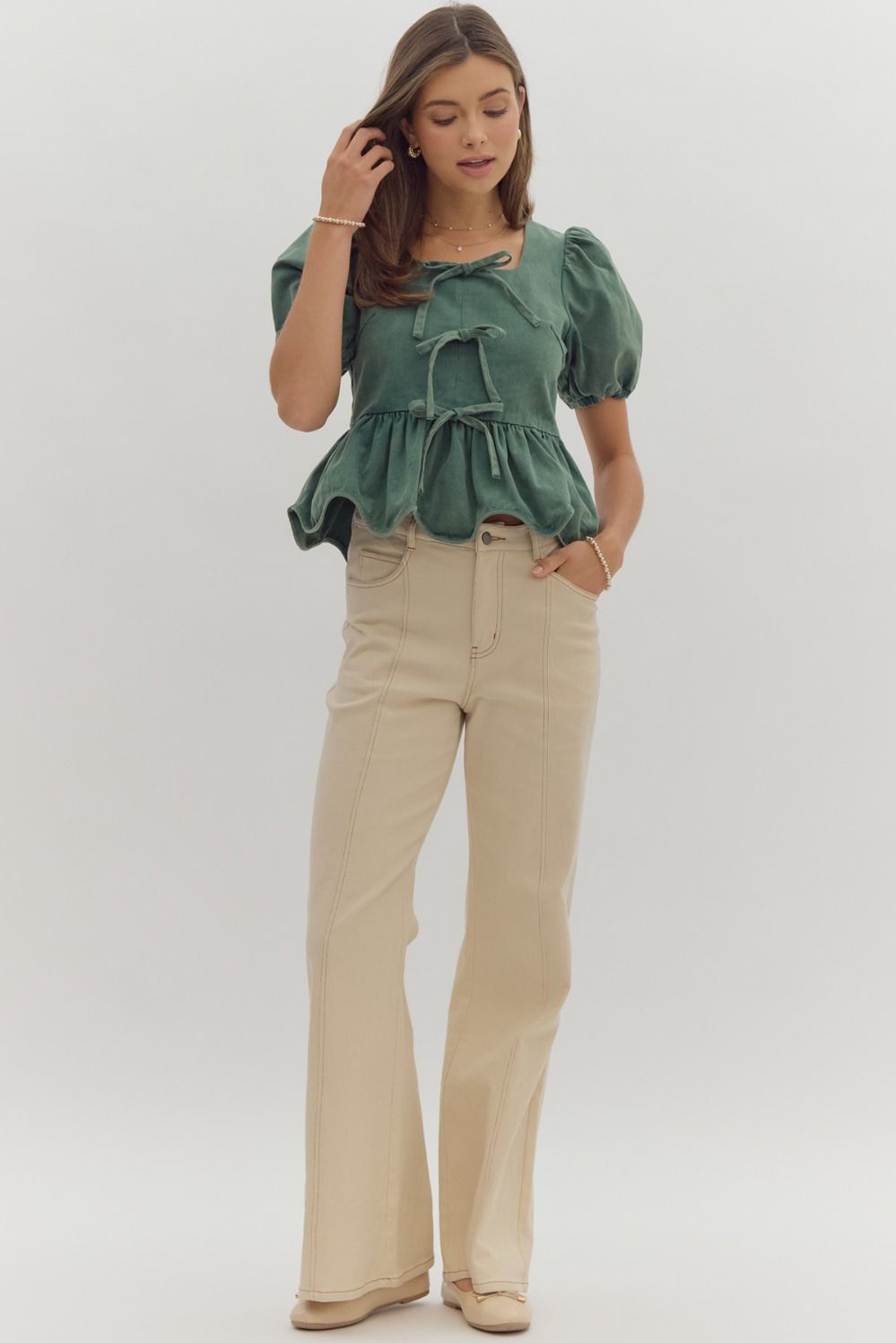 Solid Short Puff Sleeve Square Neck Ruffled Peplum Top w/ Bow Detail