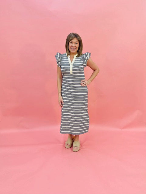 Navy striped midi dress w/ ruffle sleeves & buttons