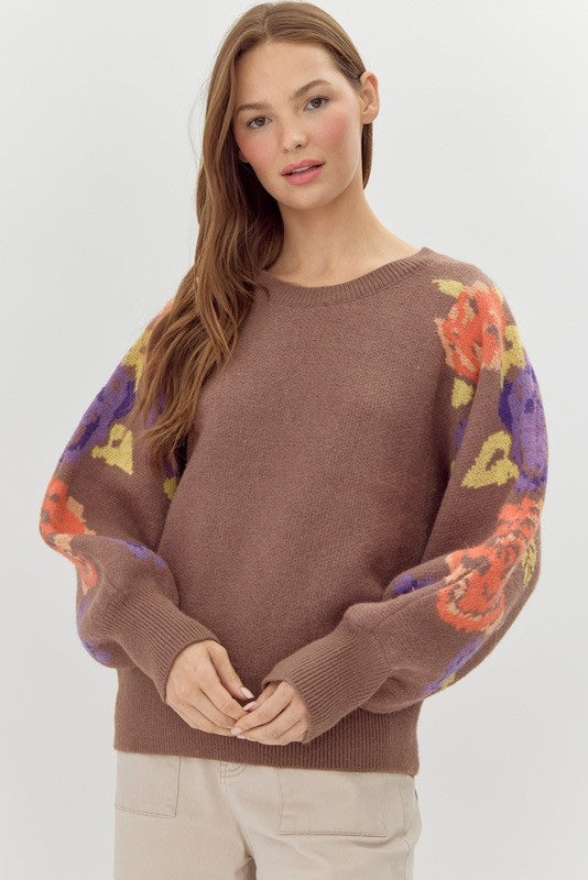 Floral print dolman sleeves knit sweater