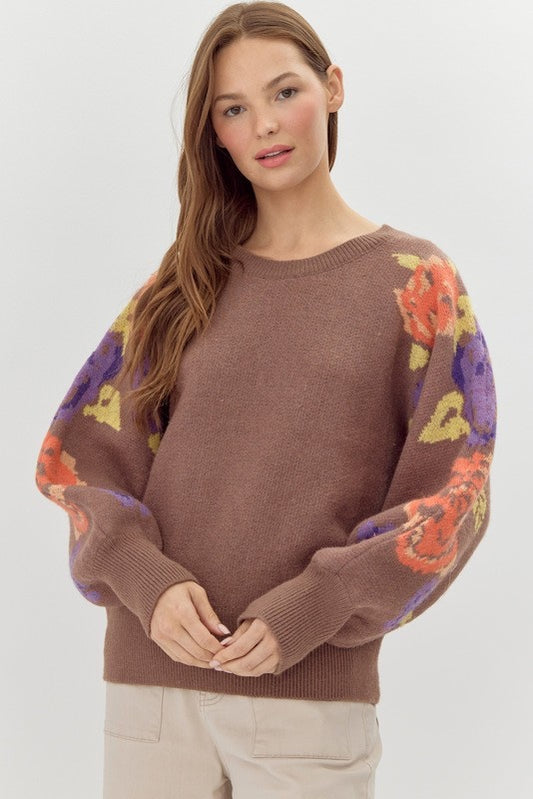 Floral print dolman sleeves knit sweater