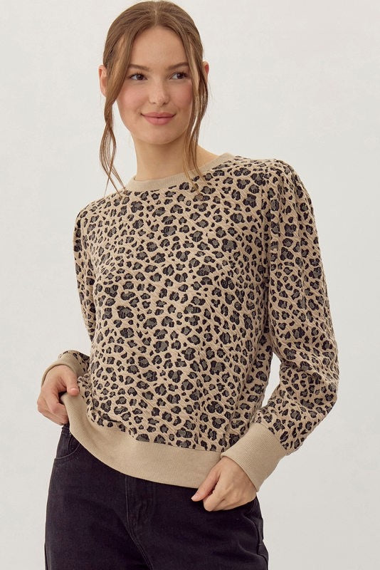 Leopard Print Oatmeal Long Sleeve Sweatshirt
