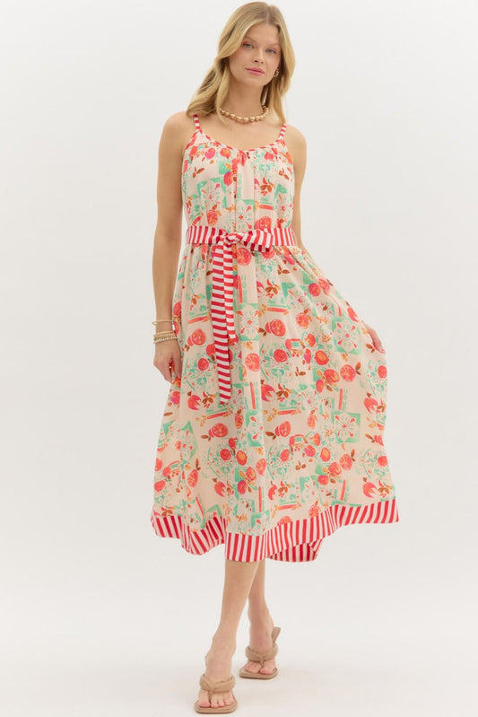 Multi-Print Adjustable Strap Pullover Midi Dress w/ Stripe Accent Pockets