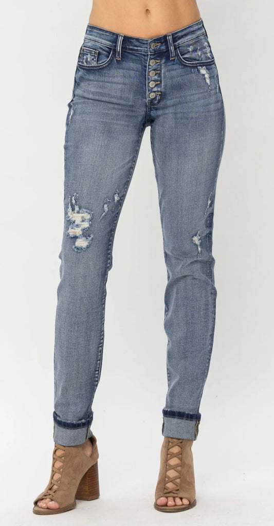 Judy Blue Mid Rise Button Fly Contrast Wash & Cuff Options BF