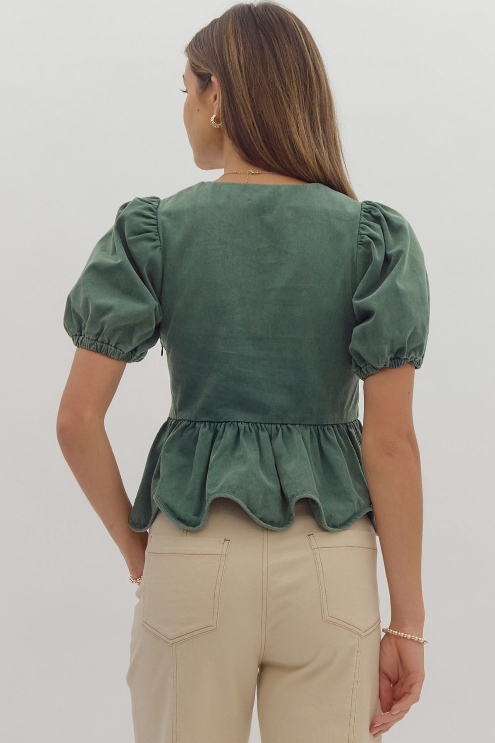 Solid Short Puff Sleeve Square Neck Ruffled Peplum Top w/ Bow Detail