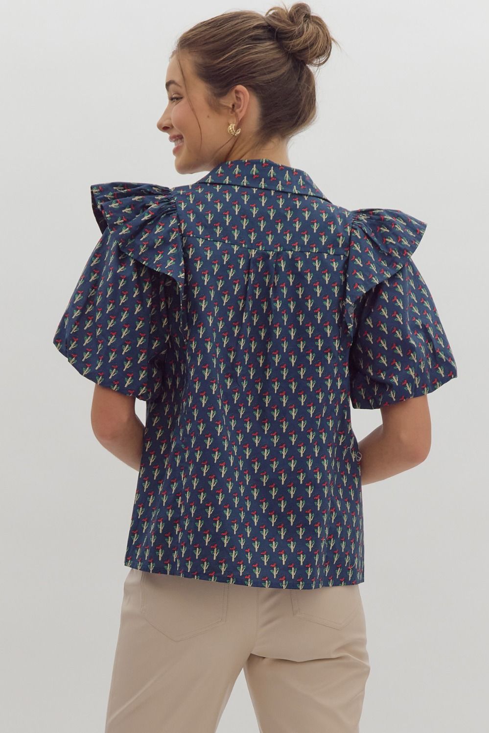Floral print short puff sleeve button up collared top w/ Ruffle detail