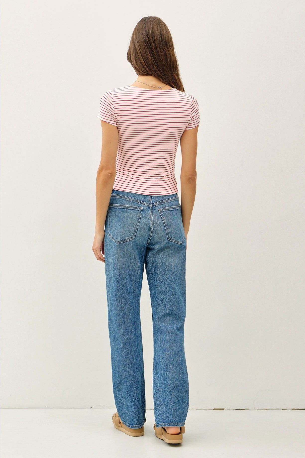 Ultra soft double lined striped square neck top red