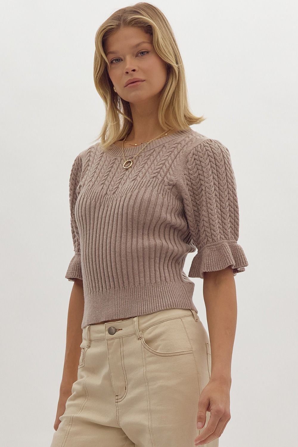 Solid Textured Knit Cropped Sweater w/ Ruffle Cuff