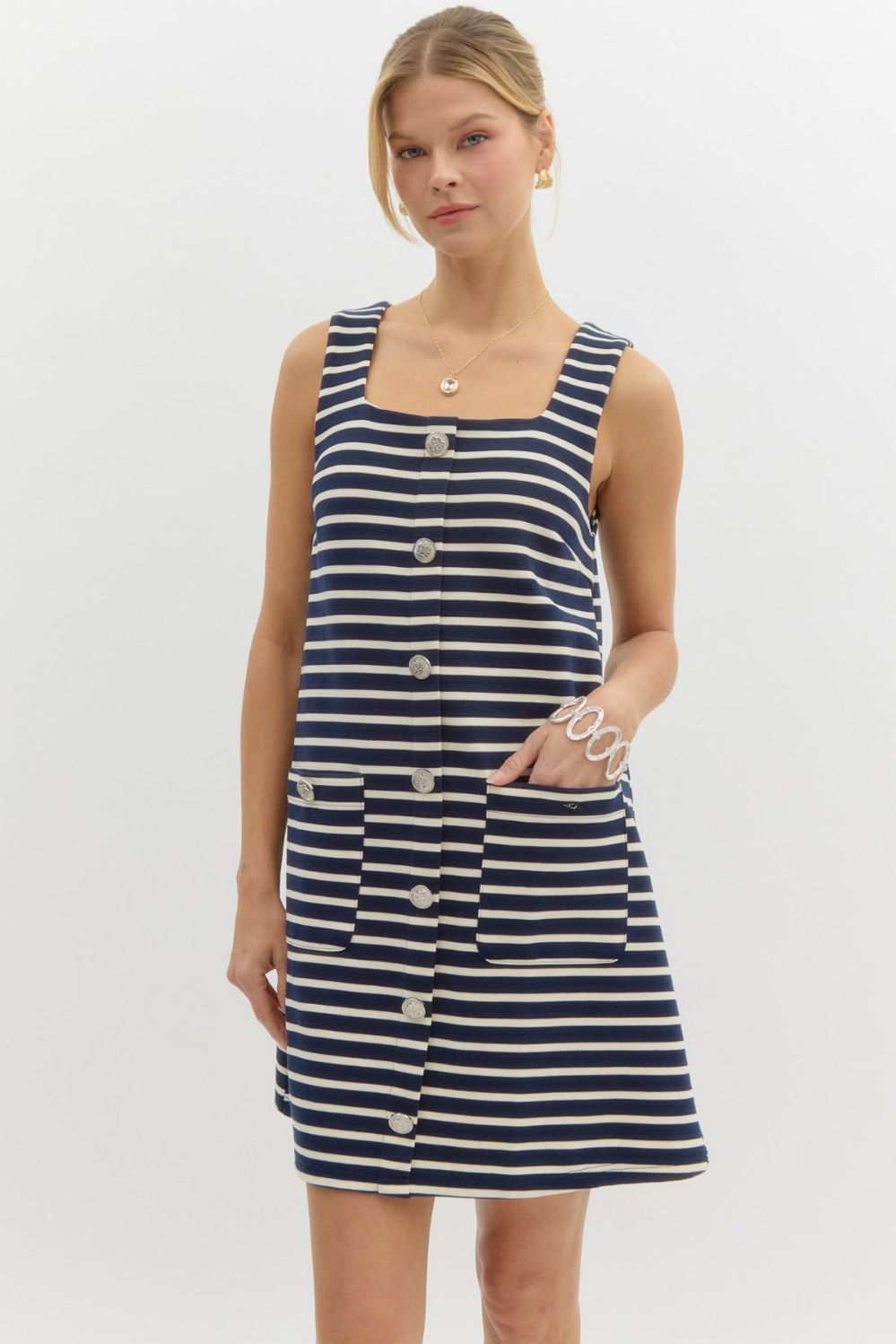 striped Square Neck Sleeveless Mini Dress Front Patch Pockets